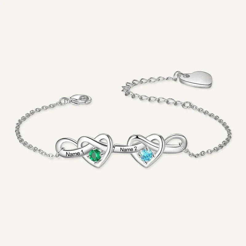 Bracelet Infini Cœurs Prénoms avec Pierres de Naissance