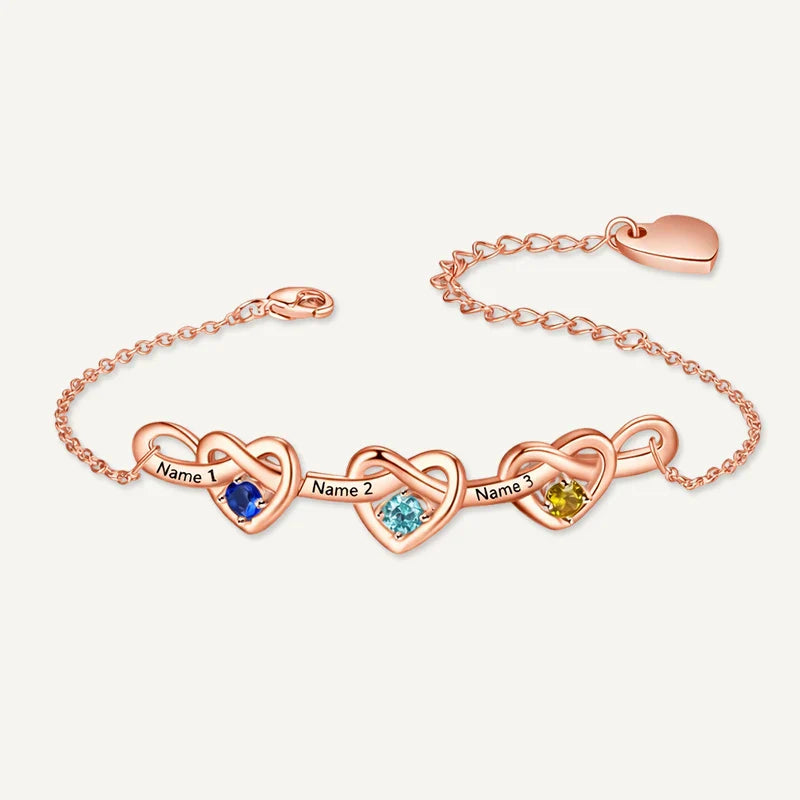 Bracelet Infini Cœurs Prénoms avec Pierres de Naissance