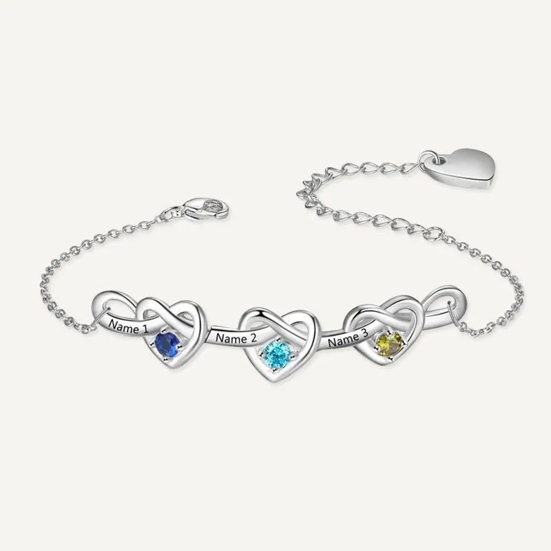 Bracelet Infini Cœurs Prénoms avec Pierres de Naissance