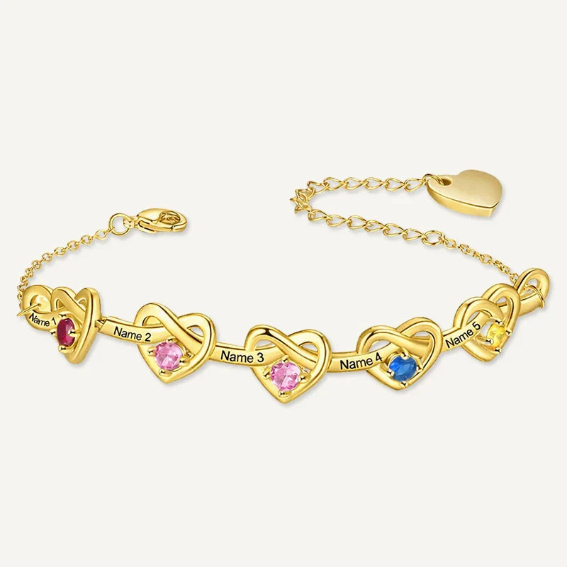 Bracelet Infini Cœurs Prénoms avec Pierres de Naissance