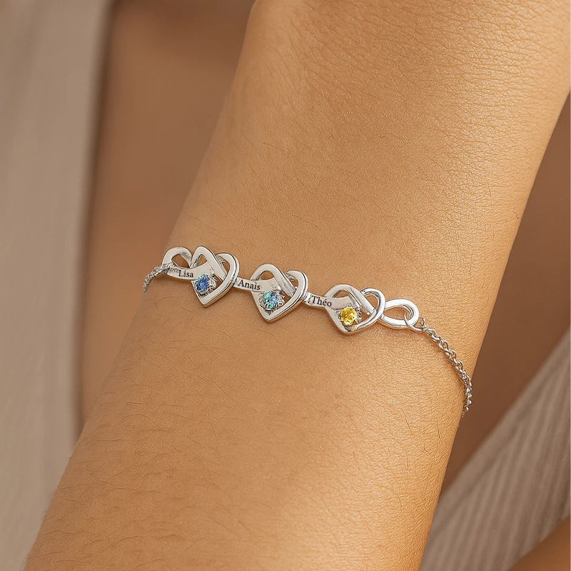 Bracelet Infini Cœurs Prénoms avec Pierres de Naissance