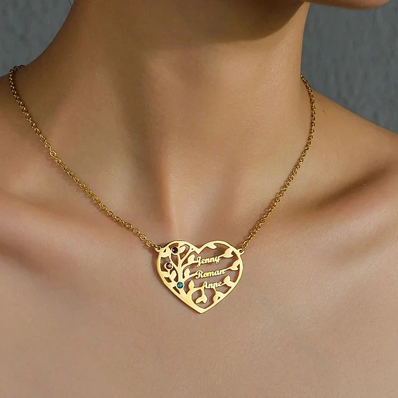 Collier Cœur Arbre de Vie avec Pierres de Naissance