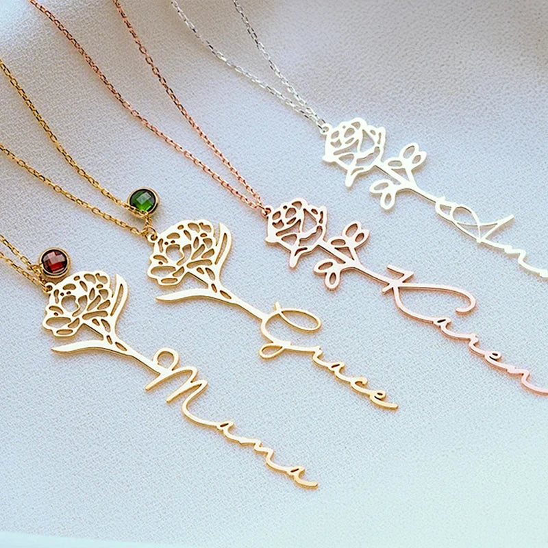 Collier Personnalisé Prénom Vertical avec Fleur et Pierre de Naissance