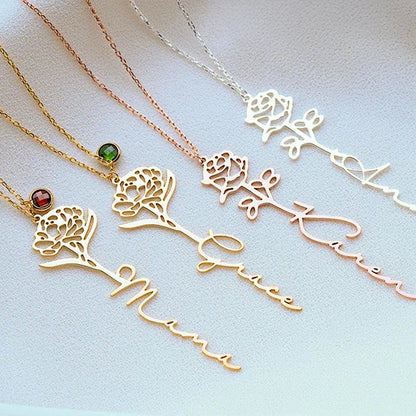 Collier Personnalisé Prénom Vertical avec Fleur et Pierre de Naissance