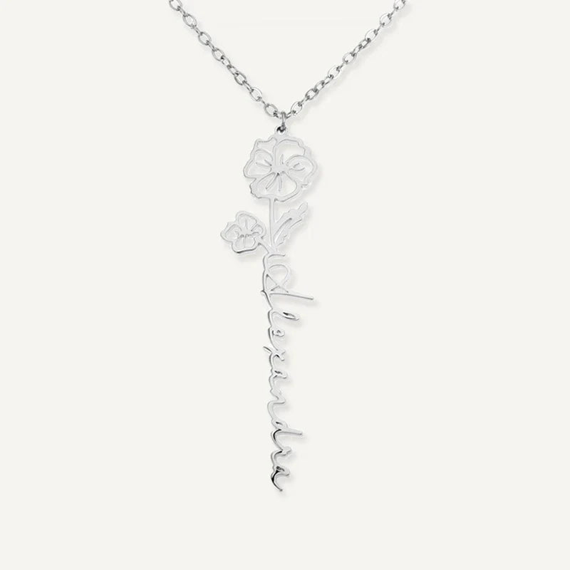 Collier Personnalisé Prénom Vertical avec Fleur et Pierre de Naissance