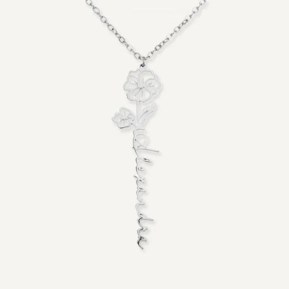 Collier Personnalisé Prénom Vertical avec Fleur et Pierre de Naissance