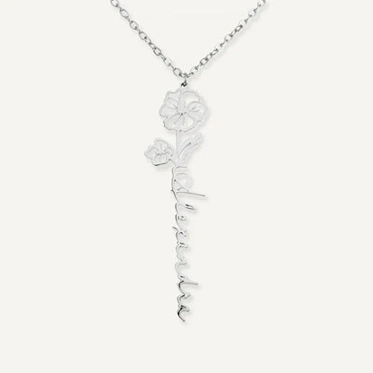 Collier Personnalisé Prénom Vertical avec Fleur et Pierre de Naissance