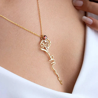 Collier Personnalisé Prénom Vertical avec Fleur et Pierre de Naissance