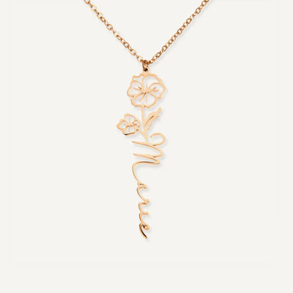 Collier Personnalisé Prénom Vertical avec Fleur et Pierre de Naissance