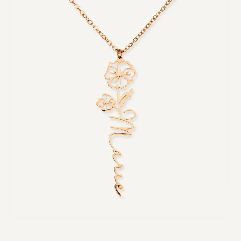 Collier Personnalisé Prénom Vertical avec Fleur et Pierre de Naissance