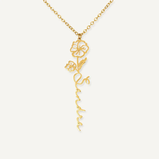 Collier Personnalisé Prénom Vertical avec Fleur et Pierre de Naissance