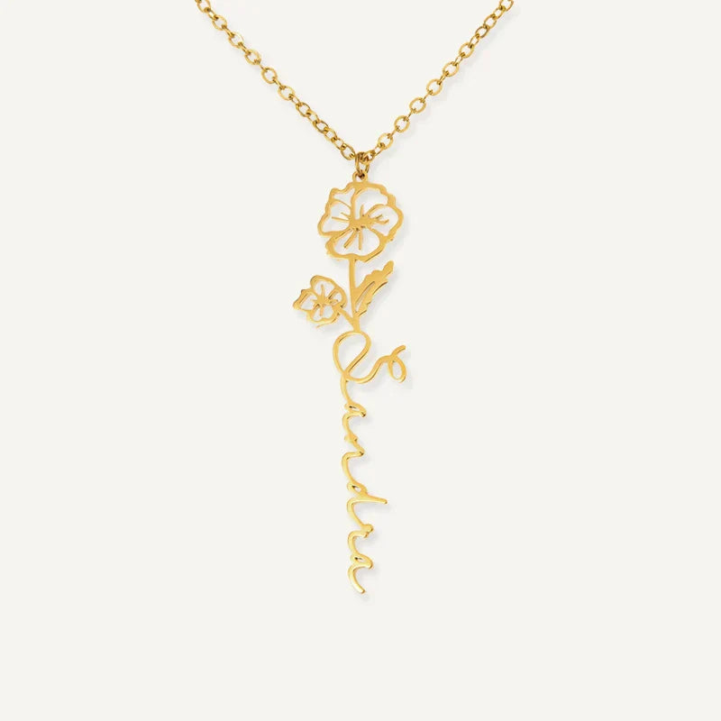 Collier Personnalisé Prénom Vertical avec Fleur et Pierre de Naissance