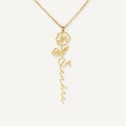 Collier Personnalisé Prénom Vertical avec Fleur et Pierre de Naissance